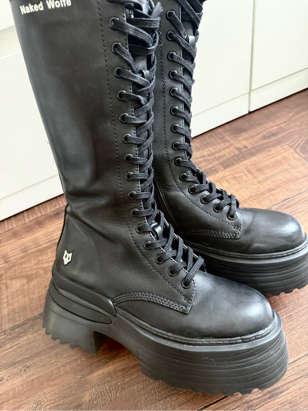 Naked Wolfe Black Lace-Up Platform Knee Boots